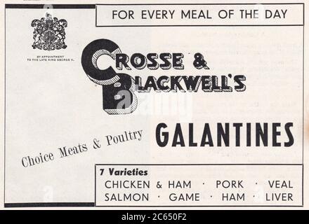 Vintage newspaper / magazine advert for `Crosse & Blackwell`s Galantines`  1930s Stock Photo